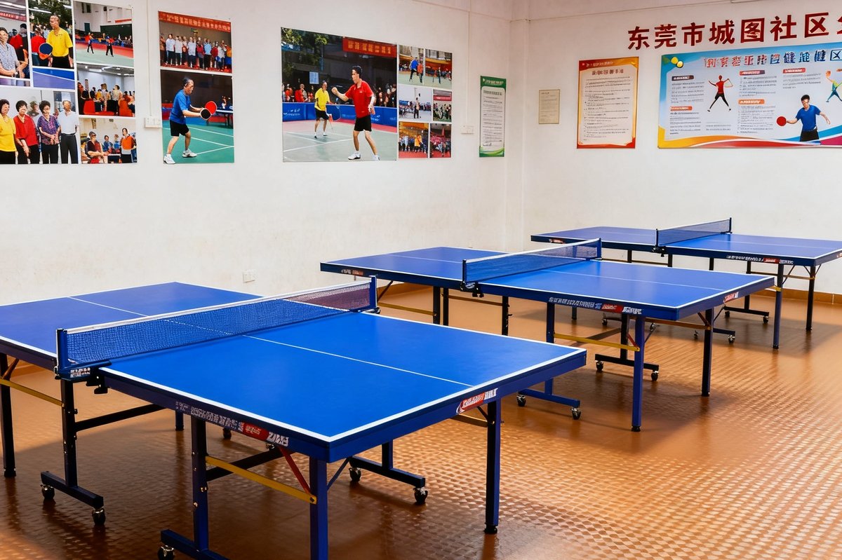 东莞南城宏图社区乒乓球室内部，四张蓝色标准乒乓球台整齐排列，地面铺设防滑地胶，墙壁上贴有居民乒乓球比赛的照片海报和运动健康知识展板