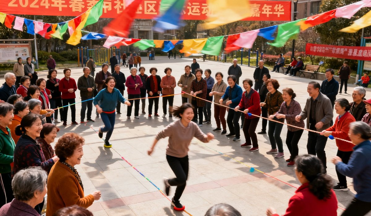 2025年春季社区运动嘉年华现场，数百名居民聚集在社区广场上参与趣味运动项目，彩色横幅飘扬，气氛热烈欢快