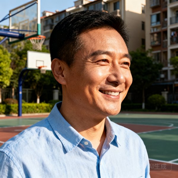 三亿体育创始人张明远，40岁男性，面带亲切微笑，穿着浅蓝色休闲衬衫，站在社区篮球场边，阳光从侧面打在他脸上