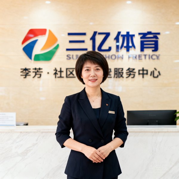 三亿体育联合创始人李芳，38岁女性，干练短发，穿着深色职业套装，站在社区服务中心前台，身后是三亿体育的服务标识墙