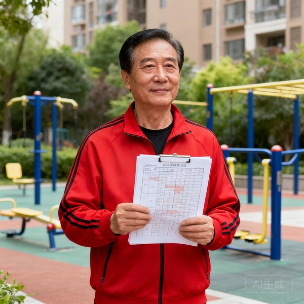 三亿体育总教练赵宏，52岁男性，国家一级社会体育指导员，穿着红色运动外套，手持训练计划表，表情专注而温和，站在社区健身广场上
