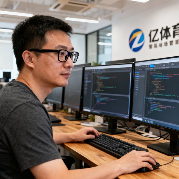 三亿体育技术副总裁陈志远，36岁男性，戴着黑框眼镜，穿着深灰色T恤，坐在多台显示器前编写代码，屏幕上显示着智能场地管理系统的后台界面